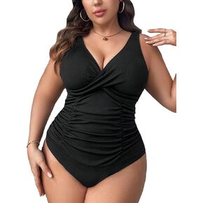 WDIRARA Women's Plus Size Ruched V Neck Twist Front One Piece Swimsuit Monokini Bathing Suit