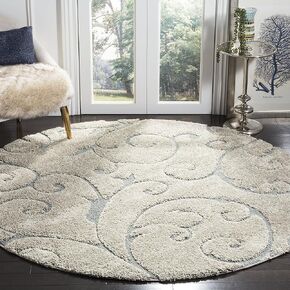 SAFAVIEH Florida Shag Collection Area Rug - 6'7" Round, Beige & Blue Grey, Scroll Design, Non-Shedding & Easy Care, 1.2-inch Thick Ideal for High Traffic Areas in Living Room, Bedroom (SG455-1155)