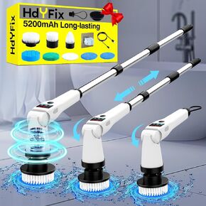 Electric Spin Scrubber, Shower Scrubber with Long Handle & 3 Speeds, 5200mAh Rechargeable Cordless Power Scrubber, Retractable & Adjustable Angle Spin Brush for Cleaning Bathroom/Tub/Floor/Tile