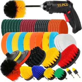 55pcs Drill Brush Attachment Set Cleaning Drill Scrubber Brush Kit with Cordless Screwdriver Drill Brush with Brush,Extend Long Attachment,Scouring Pads,Sponge,Polishing Pads for House,Car,BBQ