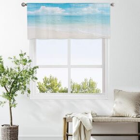zokyer Beach Valance for Window Kitchen Curtains Ocean Summer Coastal Hawaii Blue Sky Nautical Beachy Cloud Rod Pocket Panel Window Treatments Cafe Small Curtain for Living Room Bedroom (52 x 18 Inch)