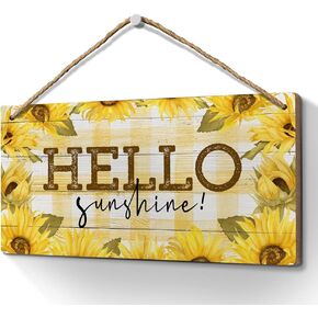 Heuhuww Hello Sunshine Sunflower Sign 6x12 Inch Sunshine Wall Decor for Living Room Bathroom Bedroom,Hanging Wood Signs Plaque for Kitchen Office Front Door Coffee House Bar -Yellow