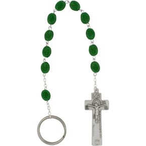 One Decade Irish Rosary Keychain | Green Beads with Shamrock Design | Silver-Tone Crucifix | Great Catholic Gift for First Holy Communion and Confirmation | Saint Patrick's Day