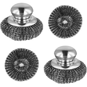 2 Pack Steel Wool Scrubber with 2 Replacement Wool Pads, Metal Dish Scrubber with Handle Steel Wool Sponge for Cleaning Dishes Cast Iron Stock Pots Pans, Griddles Grills