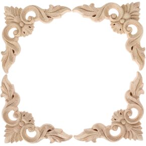 MUXSAM 4Pcs Wood Carved Appliques Onlays, Unpainted Little Wooden Corners Flower Carvings Decals for Mirrors Cabinets Walls Doors Chests Dressers Night Stand DIY Artwork Project, 8x8cm/3.15"x3.15"