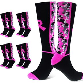 4 Pairs Breast Cancer Awareness Socks Bulk, Thick Pink Ribbon Sports Socks for Charity Public Events