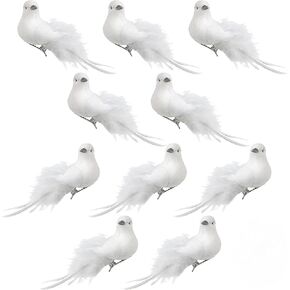 BANBERRY DESIGNS White Feather Doves with Clips - Set of 10 Dove Clip On Decorations for Wedding Christmas Tree Wreath Garland Centerpiece Swag - Feathered Dove Crafting Accessories