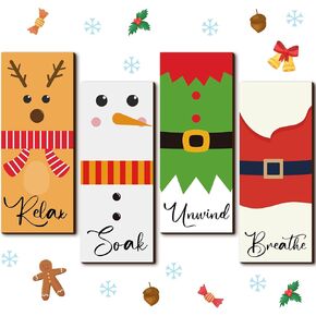 4 Pcs Christmas Bathroom Wall Art Relax Soak Unwind Breathe Winter Christmas Bathroom Wall Decor Santa Elk Farmhouse Hanging Signs Snowman Elf Wood Bath Decoration for Home, 10'' x 4''