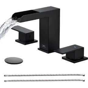 QISHENG Waterfall Bathroom Faucets 3 Hole, Brushed Gold Faucet for Bathroom Sink Vanity Widespread 2 Handle Bathroom Sink Faucet with Metal Pop-up Drain Lead-Free