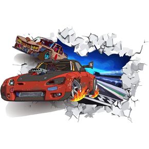 SUPERDANT 3D Cool Racing Car Wall Decal Colorful Track Racing Vinyl Wall Stickers Removable Wall Art for Children's Room Nursery Kindergarten Racing Fan Gifts Wall Decoration