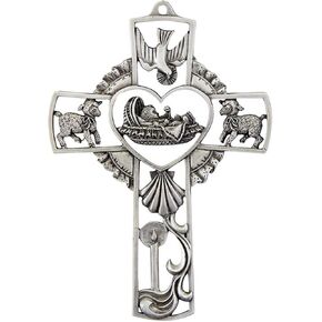 Cross Pewter Baby Baptism Holy Spirit Wall with Antique Finish, 5 Inch