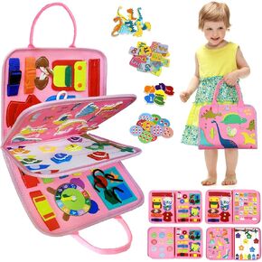 VARANO Busy Board Montessori Toy for 1 2 3 4 Year Old, Educational Toddler Activity Sensory Board for Learning Skills, Travel Toy, Gift for Toddlers 1-3 Boys Girls (Pink/Dino/3 Pages)