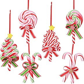 6 Pieces Christmas Tree Candy Cane Ornaments - Peppermint Candy Hanging Decor for Wreaths and Parties (Red and White Basic Style)