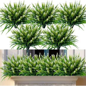 Artificial Flowers for Outdoor Plants 20 Bundles Fake Lavender Plastic Faux Monkey Grass for Verandah Window Garden Office Patio Front Porch UV Resistant for Planter(White)