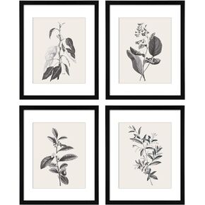 ArtbyHannah Black Framed Wall Art Set of 4, 11x14 Vintage Botanical Wall Art with Farmhouse Grey Plant Prints for Kitchen, Bathroom, Bedroom Wall Decor