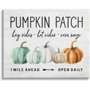 Stupell Industries Pumpkin Patch Farmhouse Sign Autumn Orange Green Gourds, Designed by Lettered and Lined Canvas Wall Art, 20 x 16, White