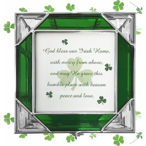 BANBERRY DESIGNS Irish Shamrocks Stained Glass Celtic Keepsake Box - Inscription Card May God Bless Our Irish Home - Use Your Own Photo - Measures 4.5" x 4.5" x 1"