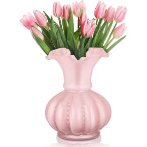 Joeyan Handmade Pink Glass Flower Vase,7.9" Vintage Decorative Urn Vase for Centrepieces Bouquet Wedding,Colored Thickened Pedestal Vase Decorations for Rustic Home Living Room Office Farmhouse