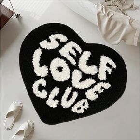 Self Love Club Rug Heart Shaped Aesthetic Ventines Day Rug Non Slip Microfiber Bath Mat 21.6×25.9in Modern Y2K Dorm College Girly Black Carpet Rug