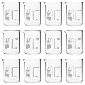 EISCO 12PK Beakers, 10ml - ASTM - Low Form with Spout - White Graduations - Borosilicate 3.3 Glass