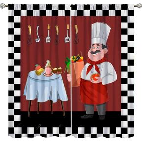 Chef Kitchen Window Curtains,Fat Chef Cook Theme Kitchen Curtains for Bedroom Living Room,Red Black Buffalo Check Plaid Kitchen Drape 2 Panel Set,42x45 Inch Decor