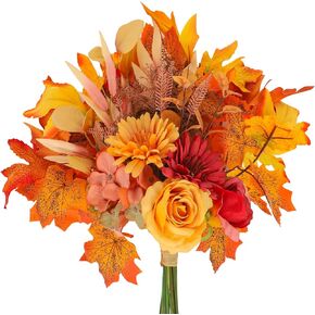 Artificial Fall Flowers Bouquets Silk Orange Flowers Wedding Bouquets Autumn Faux Flowers Arrangements with Fall Floral Stems for Home Fall Wedding Bridal Shower Thanksgiving Table Centerpiece Decor