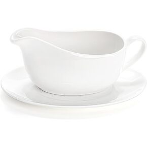 Yesland 15 oz Gravy Boat and Tray, Ceramic White Gravy Sauce Boat with Saucer Stand for Dining, Holiday Meals & Parties