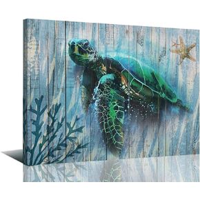 Arjun Bathroom Decor Blue Wall Art Canvas Green Sea Turtle Teal Submarine Picture, Blue Modern Landscape Painting Framed for Living Room Bedroom Home Office Wall Decor, 16"x12"