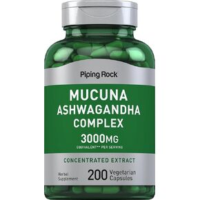 Piping Rock Mucuna Ashwagandha | 3000mg | 200 Capsules | Complex Supplement | Concentrated Extract | Vegetarian, Non-GMO, Gluten Free