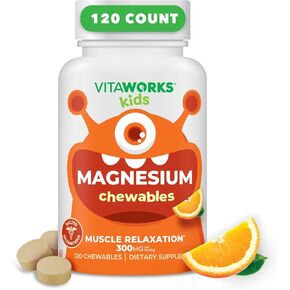 Kids Magnesium Chewable | Great Tasting | 300mg Magnesium Supplement | Vegan, non Gmo and Gluten Free Magnesium Oxide Supplement | for Muscle Function | 120 Chewables | Vitaworks