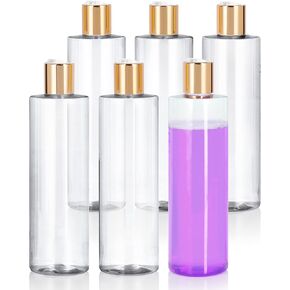 JUVITUS Clear 16 oz / 500 ml Professional Cylinder PET Plastic Bottles (BPA Free) (6 pack) (Gold Disc Cap Lid)