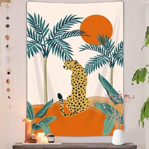 Boho Vertical Tapestry, Mid Century Modern Abstract Sun Moon Cute Leopard Palm Tree Leaves Bohemia Style Wild Animals Tapestries, Minimalist Aesthetic Tapestry Wall Hanging for Bedroom, 40X60IN