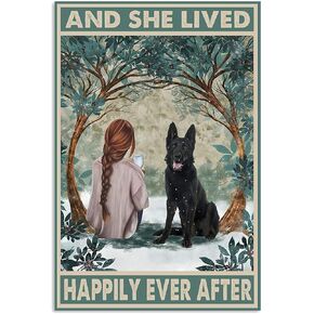 Black German Shepherd and She Lived Happily Ever After with Her Dog Metal Funny Tin Sign Bar Coffee Home Kitchen Room Art Wall Plaque Decor Gift Outdoor Indoor Retro Vintage Mural 8x12 Inch
