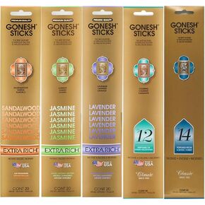 Gonesh Incense Extra Rich Collection Variety Pack, 5 Packs, 20 Sticks Each (Sandalwood, Jasmine, Lavender, Number 12, Number 14)