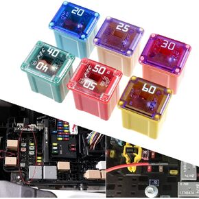 6 PCS Car Fuse Assortment Combination Set, 20A 25A 30A 40A 50A 60A Bright Color Identification Fuse, Square Long Style Safety Protection Multifunctional Fuse, Universal for Car (Multicolored)
