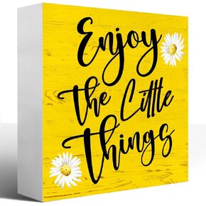 Enjoy the Little Things Wood Sign,Inspirational Wood Box Sign,Rustic Farmhouse Daisy Wooden Block Sign for Ofiice Home Classroom Kid Room Desk Decor