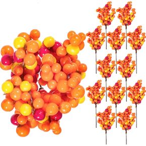 Whaline Autumn Orange Berry Twig Stem, 12 Pack Artificial Orange Berry Picks for Fall Decor, Christmas Tree Decorations, Crafts, Wedding, Holiday Home Decoration