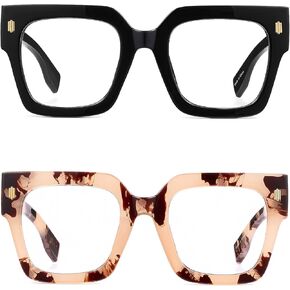 JM 2 Pack Oversized Square Trendy Blue Light Blocking Reading Glasses for Women, Big Wide Fashion Computer Readers