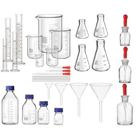 31 Pcs Lab Glassware Set Include Measuring Beakers Cylinders Erlenmeyer Flasks Dropper Bottle Media Bottles Glass Stirring Rods Dropper Funnels for Science Chemistry Equipment Supplies