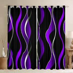 Purple Grey and Black Stripe 30%-50% Blackout Curtain Boys Geometric Ombre Window Curtains Kids Geometry Swirl Lines Darkening Drapes Pastel Gradient Stripes Window Treatments, 2 Panels, 52 x 84 Inch