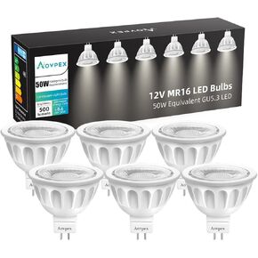 لمبة MR16 LED 6 عبوات، 12 فولت 5 وات (استبدال الهالوجين 50 وات)، 2700 كلفن أبيض دافئ، قاعدة ثنائية الدبوس GU5.3، مصابيح إضاءة MR16 LED غير قابلة للتعتيم لإضاءة المناظر الطبيعية الداخلية والخارجية