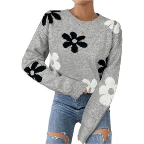 SOLY HUX Women's Floral Pattern Long Sleeve Drop Shoulder Sweaters Pullover Tops