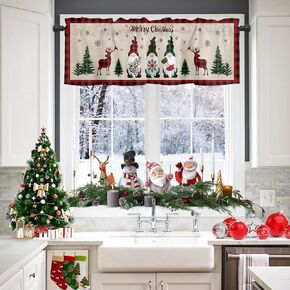 Window Valance Rod Pocket Short Curtain Panels Retro Linen Buffalo Red and Green Check Gnome Kitchen Valances Curtains, Christmas Grid Snowflake Window Treatments Drapes for Living Room Bedroom Decor