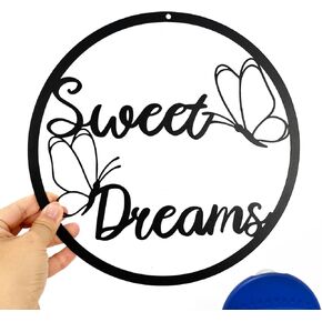 Yuzhuo Sweet Dreams Metal Sign with Butterfly Wall Art Decor Modern Above Bed Farmhouse Wall Decor for Bedroom (Black)