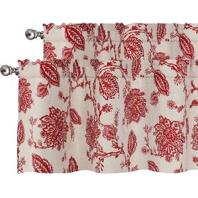DriftAway Freda Floral Linen Blend Blackout Thermal Insulated Energy Saving Window Linen Curtain Valance Rod Pocket 2 Layers 2 Pack Each 52 Inch by 18 Inch Plus 2 Inch Header Red Beige
