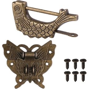 Antique Small Chinese Locks with Key & Latch Hasp Set, Vintage Jewelry Gift Box Decorative Padlock Lock Hardware Latch Set for Wood Box, Fish Lock