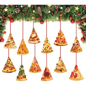D4DREAM Pizza Christmas Ornaments 12Pcs Wooden Pizza Ornament for Christmas Tree Personalized Xmas Pizza Ornament for Kids Funny Pizza Slice Food Ornament Gifts for Christmas New Year Party Decoration