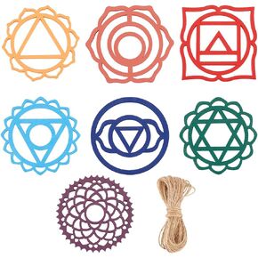 FINGERINSPIRE 7 Pcs Wood Chakra Ornaments Set with Jute Cord 3.15 inch Mixed Color Chakra Wooden Yoga Symbol Pendant Decorations Yoga Meditation Chakra Symbols Displays for Bedroom, Yoga Studio
