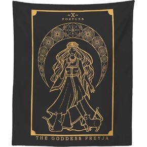 The Goddess Freyja Tarot Card Tapestry (Black & Gold) - Norse Goddess Freya Pagan Witch Wall Hanging Home Decor (60" x 50")