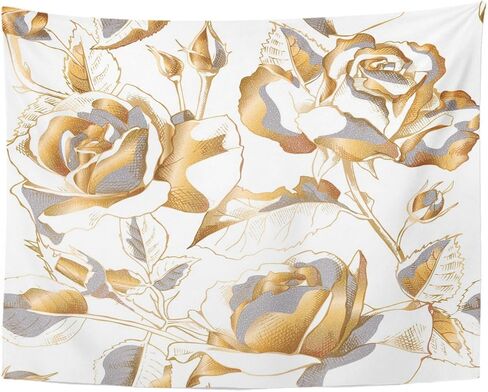 نسيج إمفينسي زهور سوداء مع زهور وردية ذهبية وأوراق وبراعم ورق ذهبي أبيض لديكور المنزل معلق على الحائط لغرفة المعيشة وغرفة النوم مقاس 60 × 80 بوصة in Kuwait